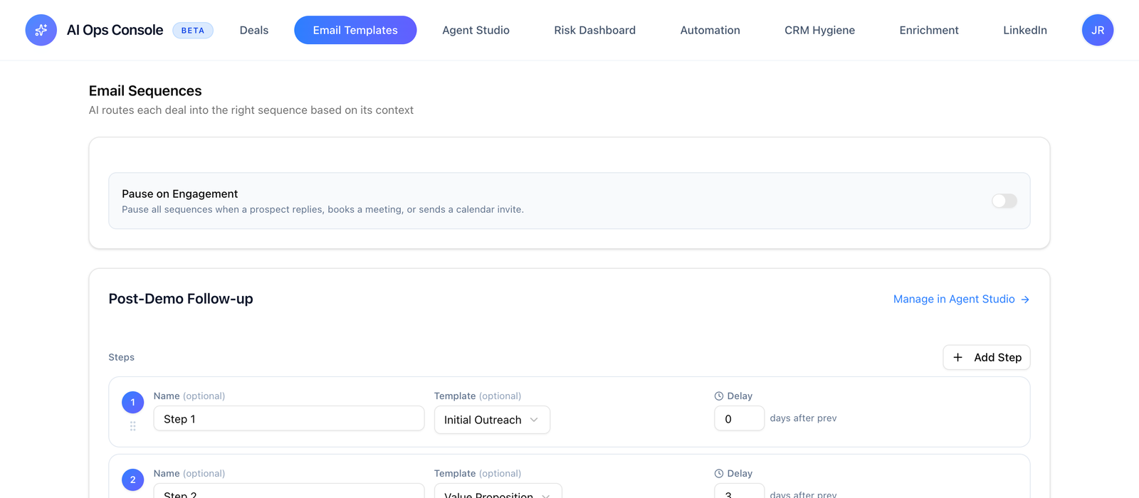 Sequence editor · 6 steps · 12 active deals