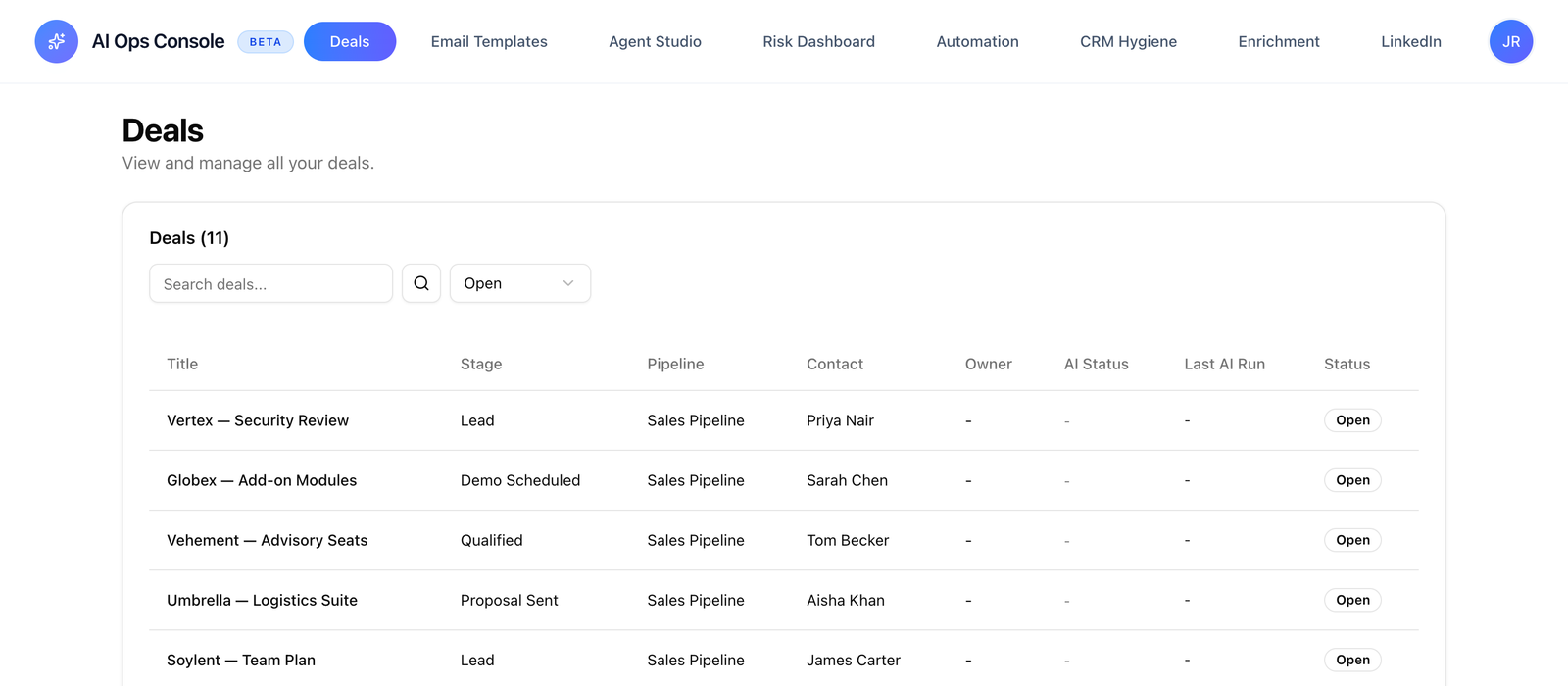 Pipeline view · 47 deals · risk inline